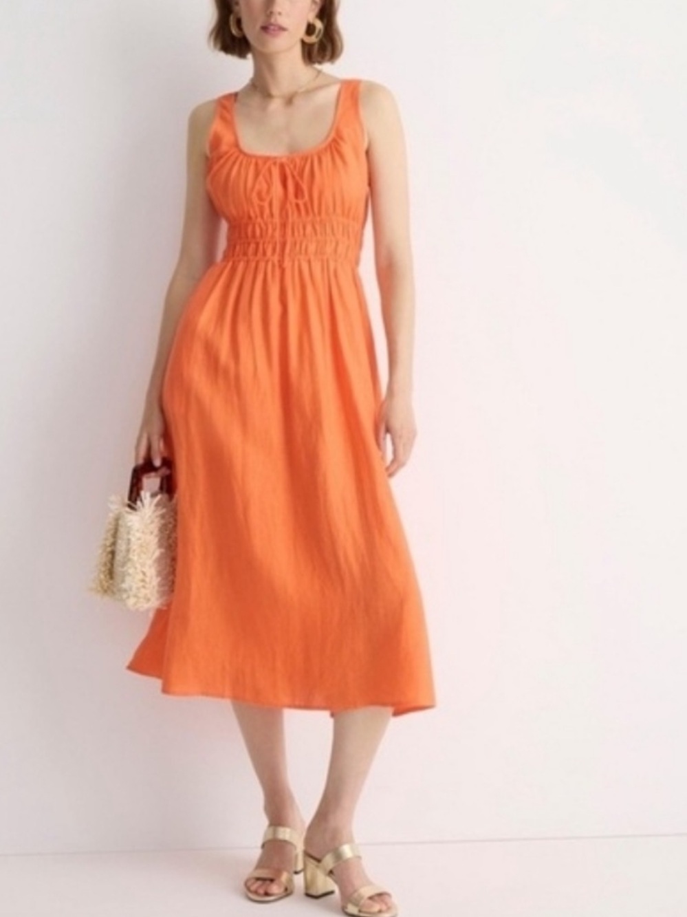 J. Crew Bright Orange Smocked Midi Dress